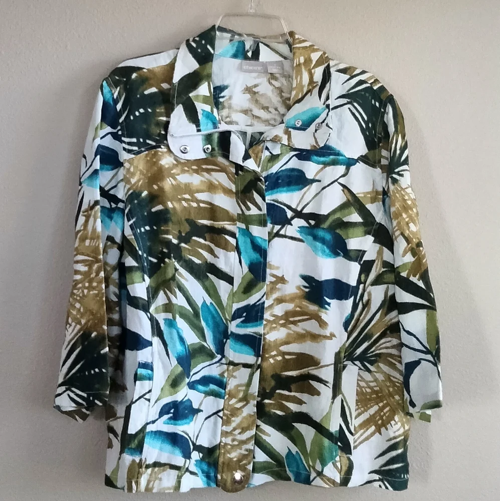 Chico's Size 3 US 16 / 18 Tropical Print Jacket 100% Linen 3/4 Sleeve Multi